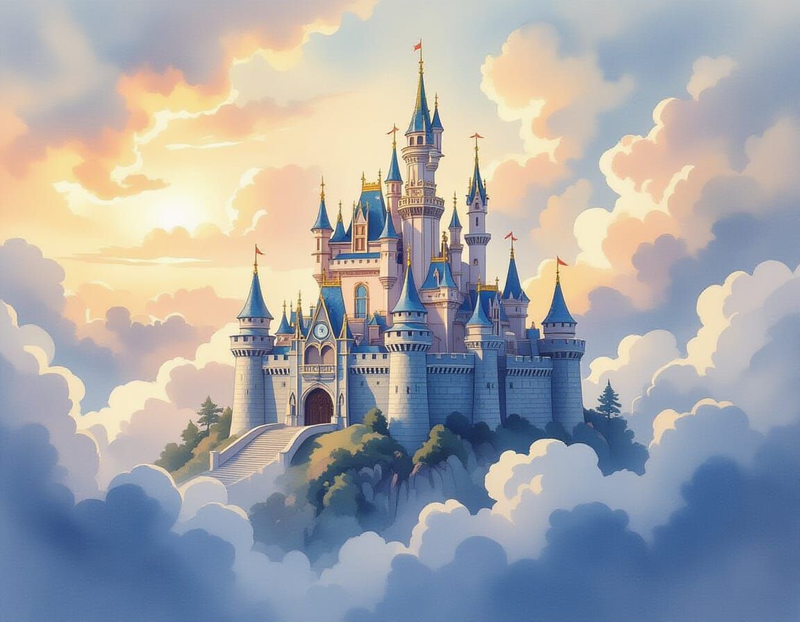 Majestic Chess Castle on Ethereal Clouds in Watercolor Style