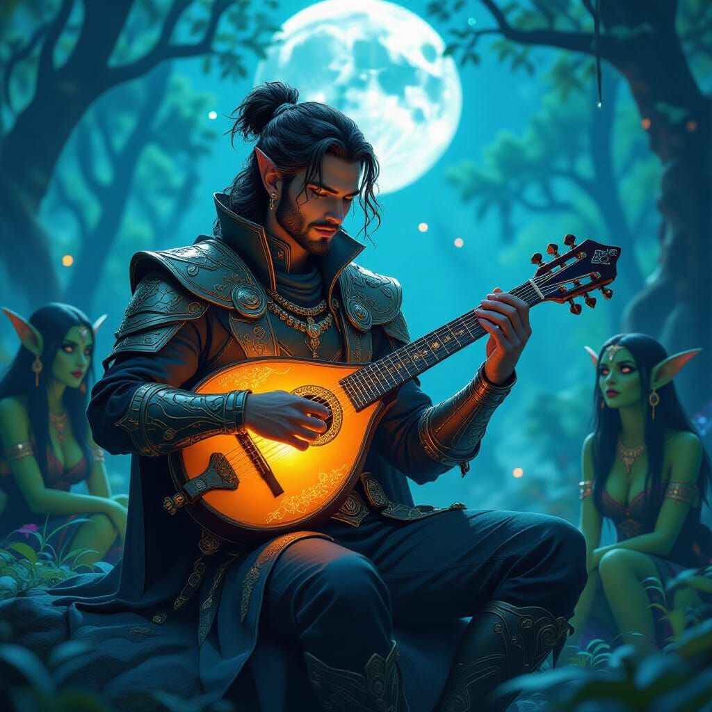 Futuristic Bard Charms Goblins in Moonlit Forest