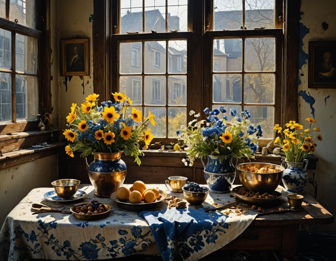 Golden Flowers in Delft Blue, Hyperrealist Painting