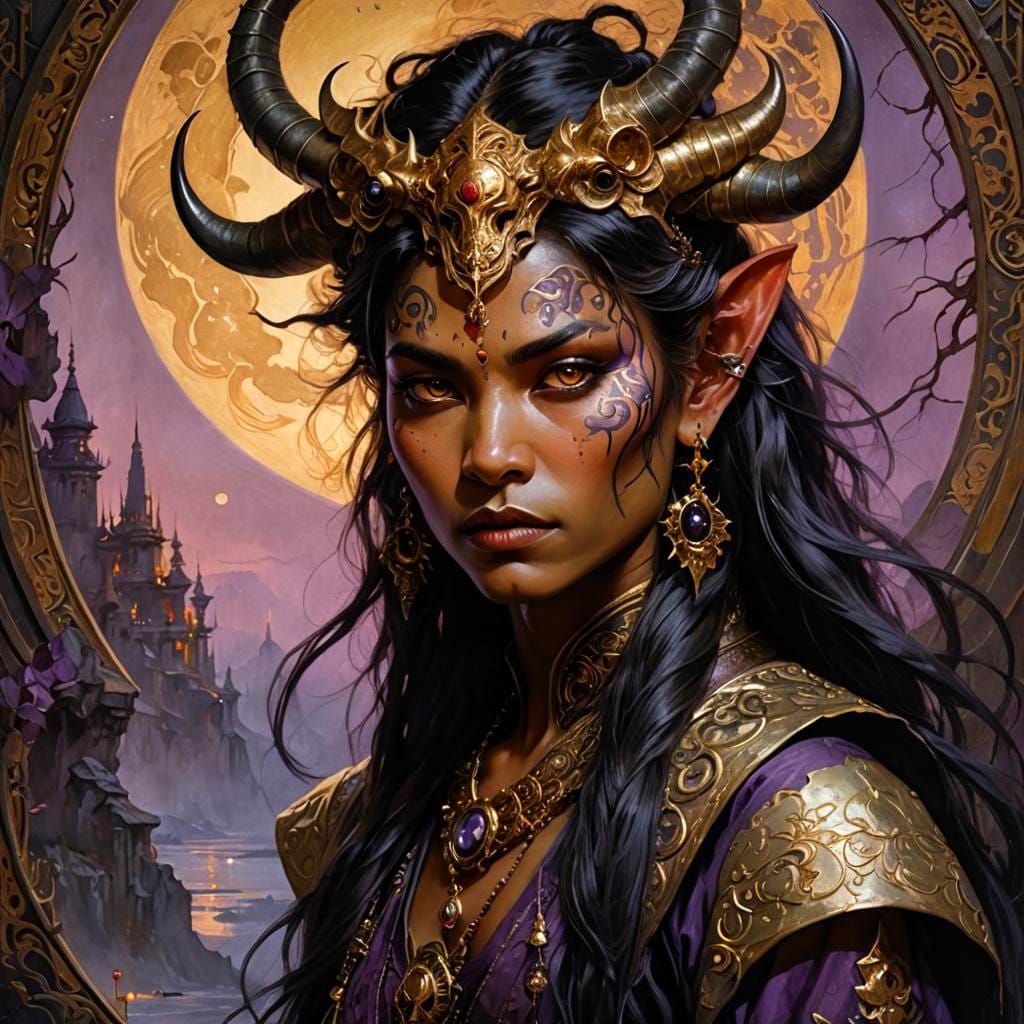 Rakshasa Tiefling Portrait in Art Nouveau Style