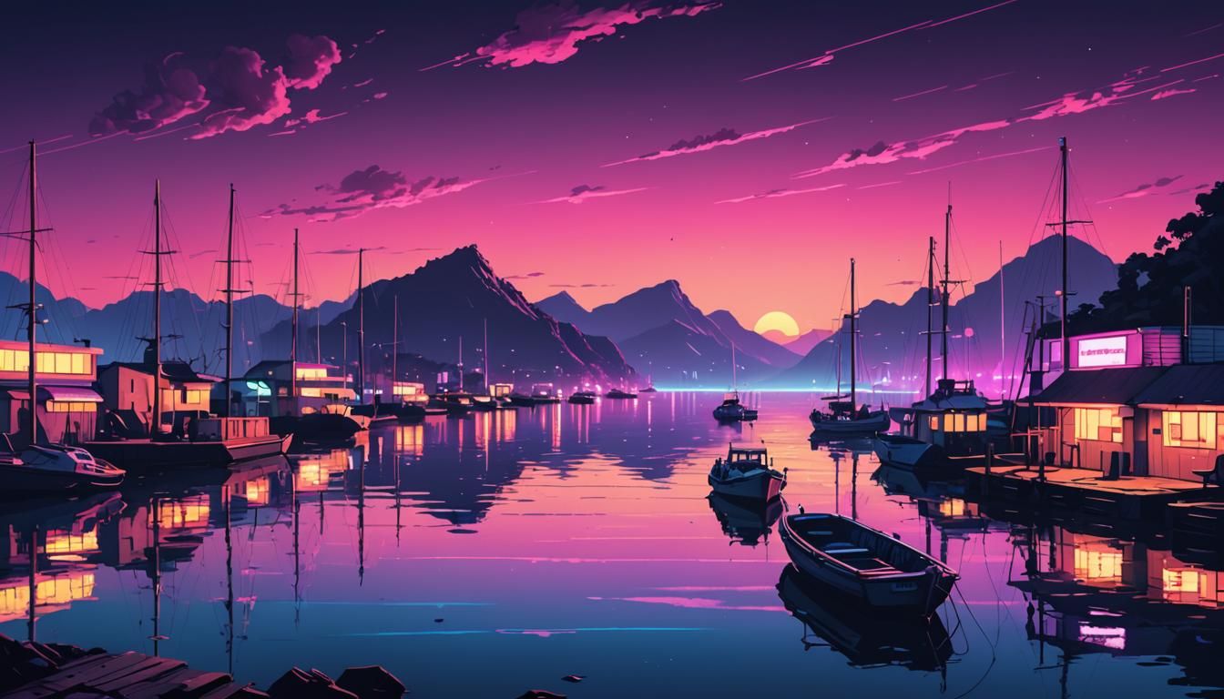 Synthwave Harbour Scene: Retro-Futuristic Digital Art