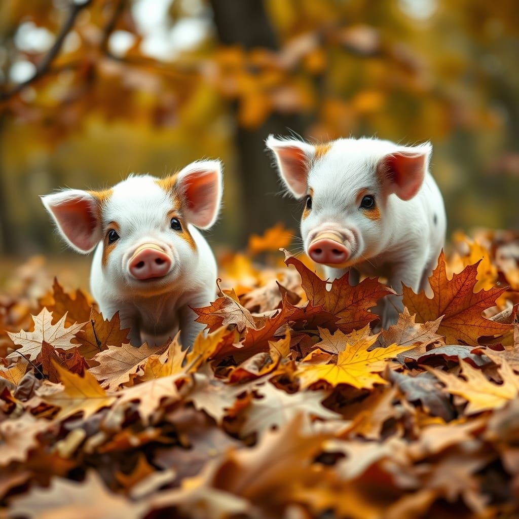 Cute Mini Pigs Play in Autumn Oak Leaves