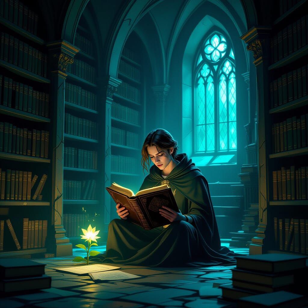 Gothic Library Student Amidst Clockwork and Ancient Tomes