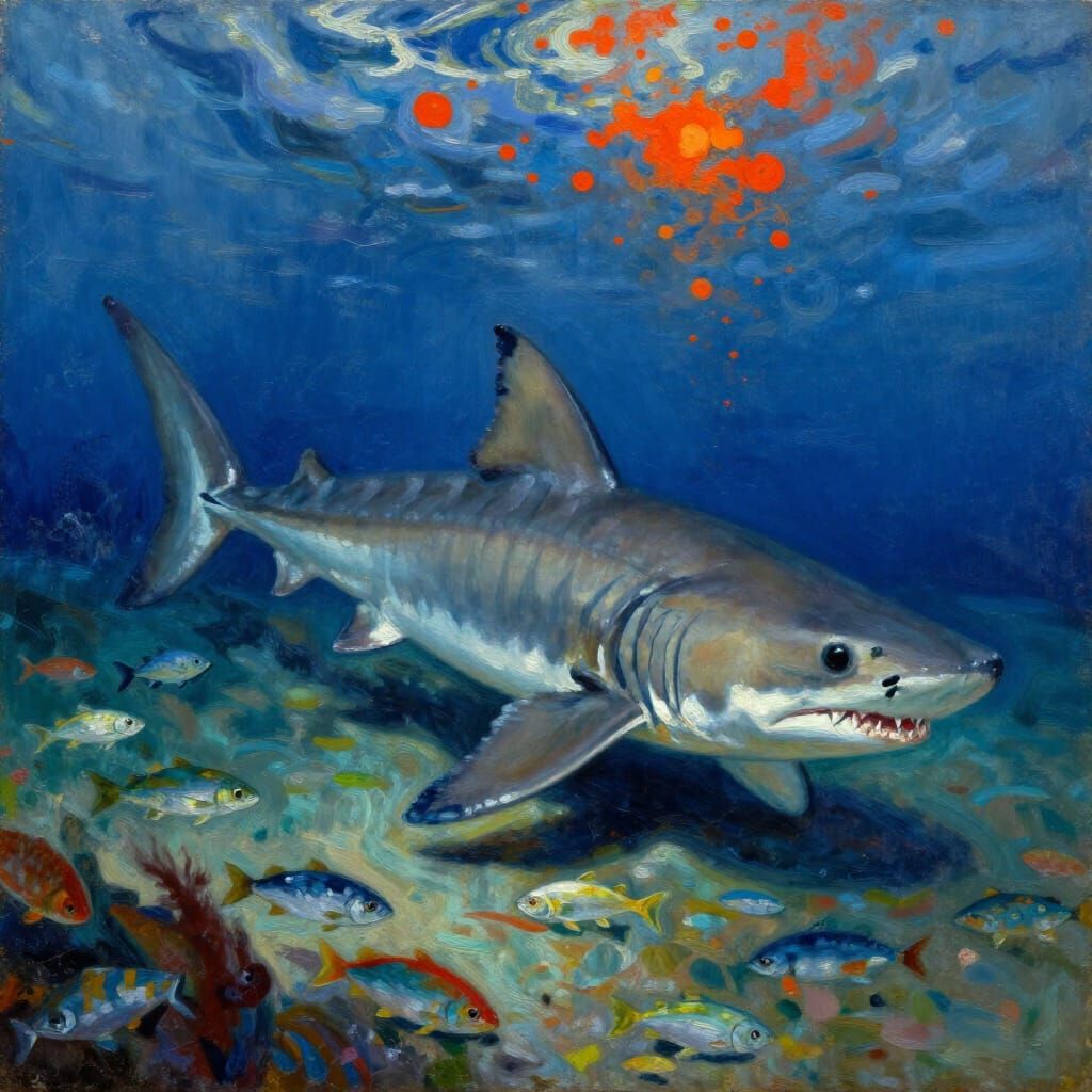 Shark Terrifies School of Fish in Vibrant Oil Painting