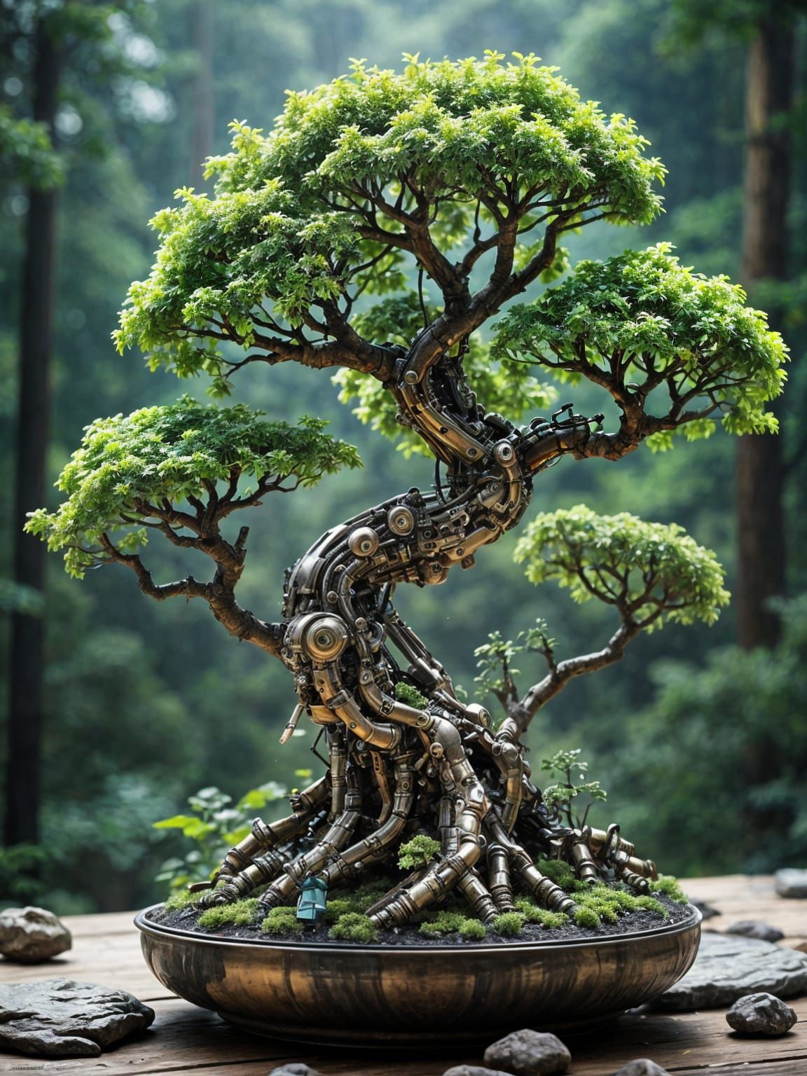 Biopunk Mechanical Bonsai Tree with Cybernetic Features