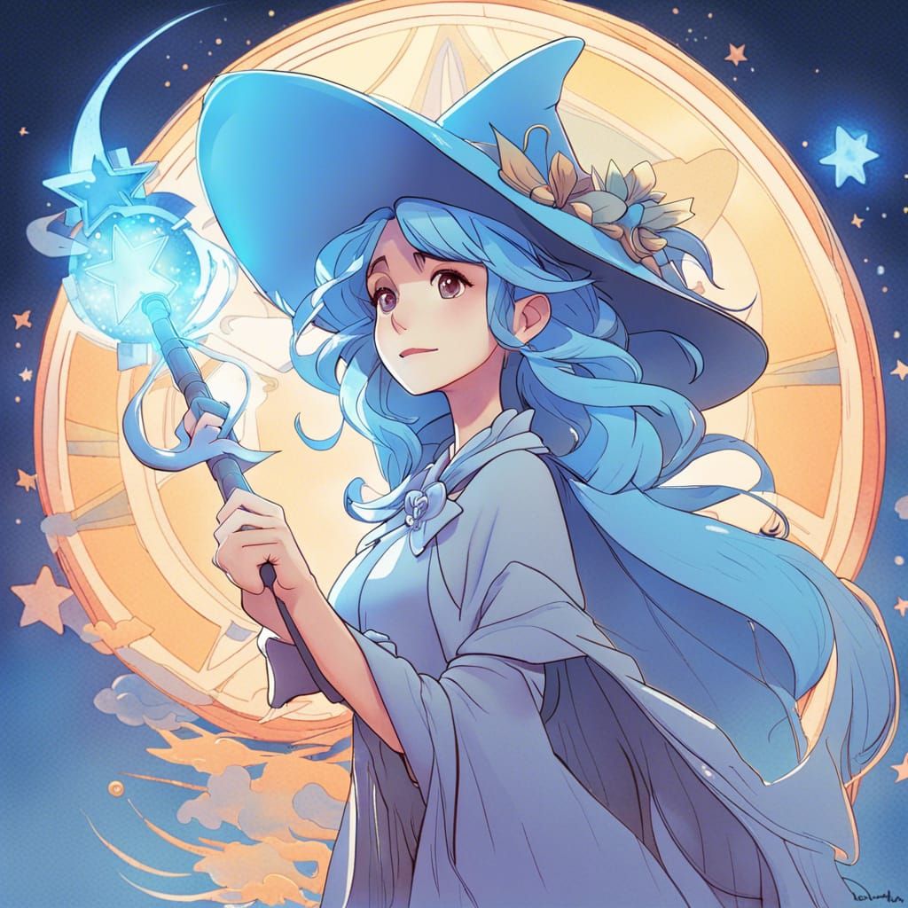 Star Witch in Art Nouveau Style Watercolor