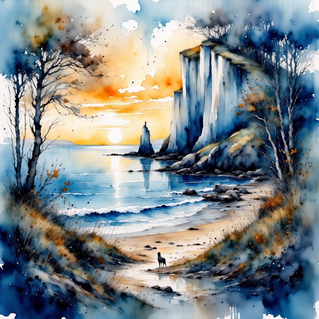 White Cliffs of Dover at Dawn in Watercolor