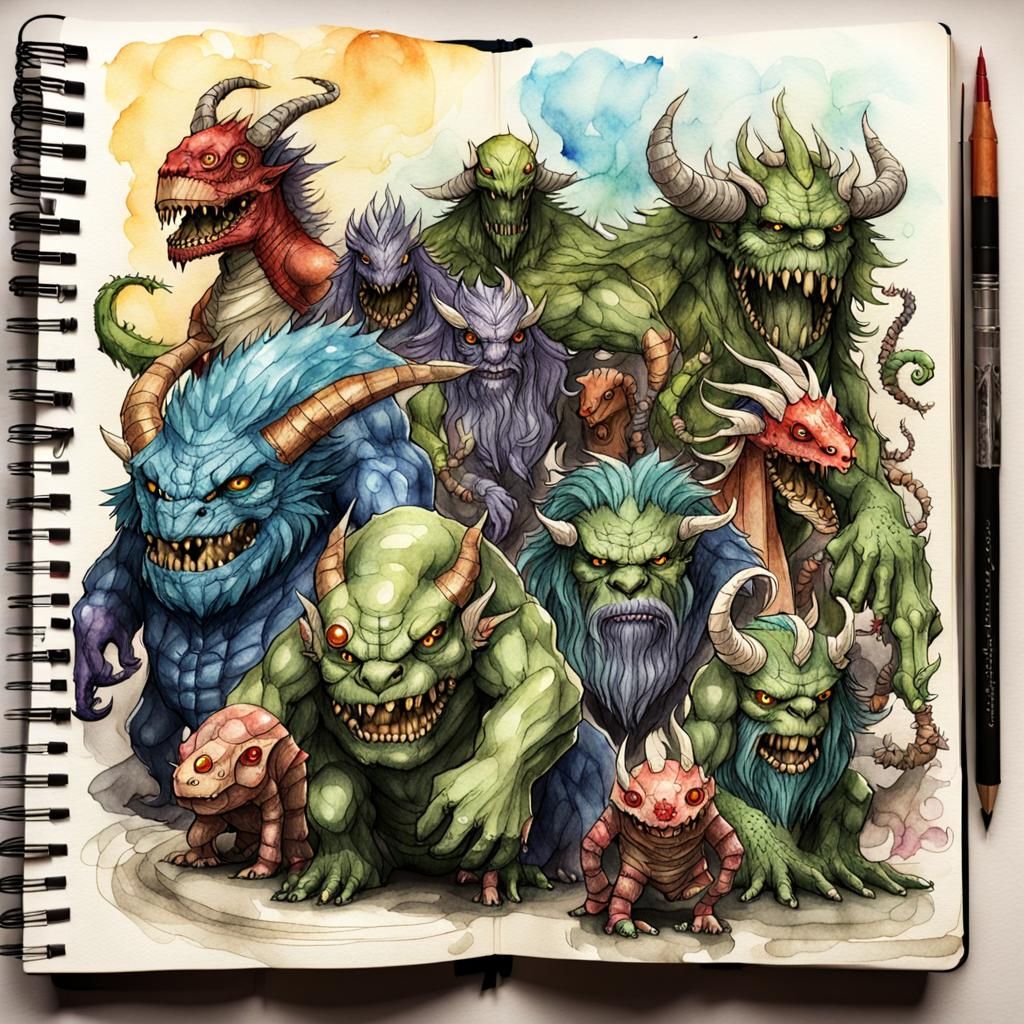 Fantasy Monsters Sketchbook Page in Watercolor