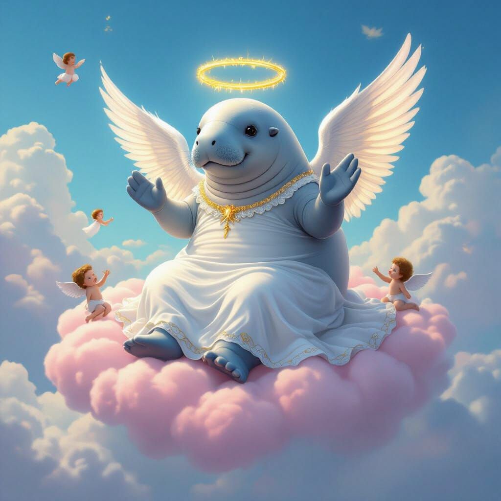 Angel Manatee on Pink Cloud in Ethereal Fantasy Style