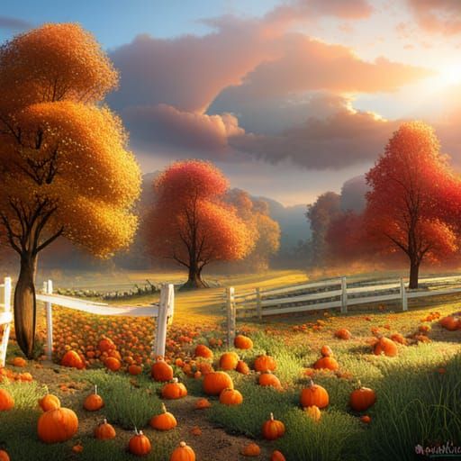 Autumn Pumpkin Patch with White Fence, Matte Painting