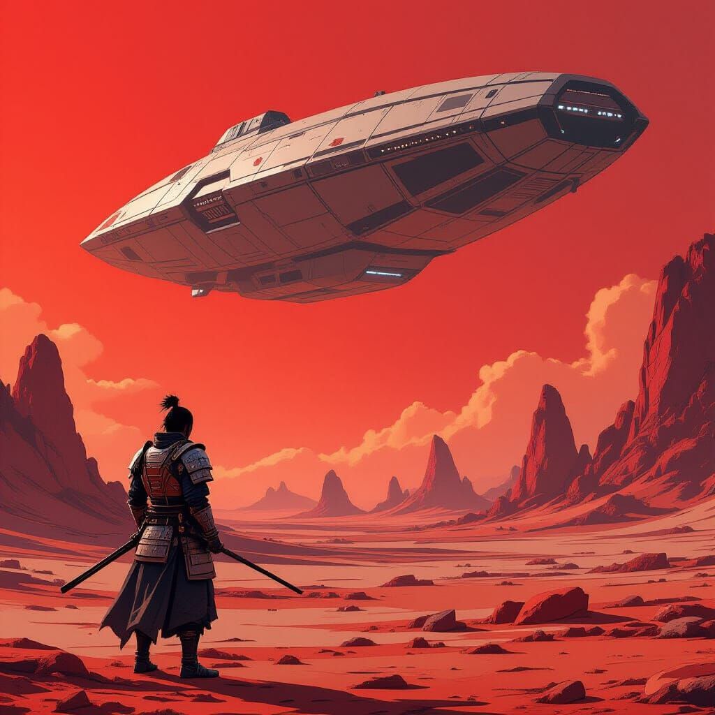 Samurai on Alien World Before Art Deco Spaceship