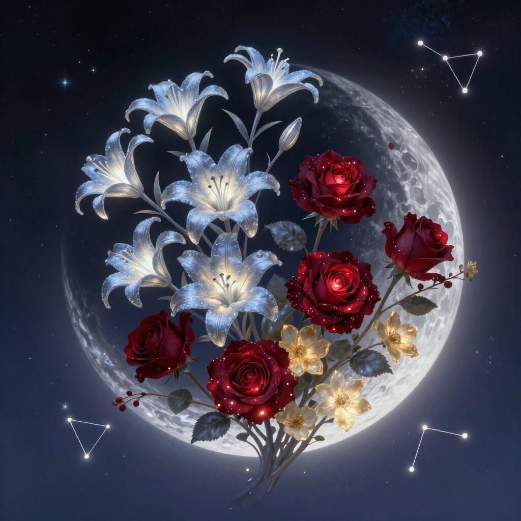 Celestial Flowers Orbiting Moon in Dreamlike Painterly Style