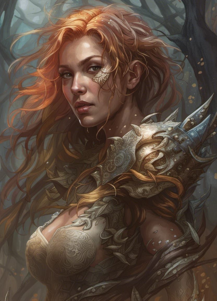 Redhead Dryad Portrait in Dark Woods