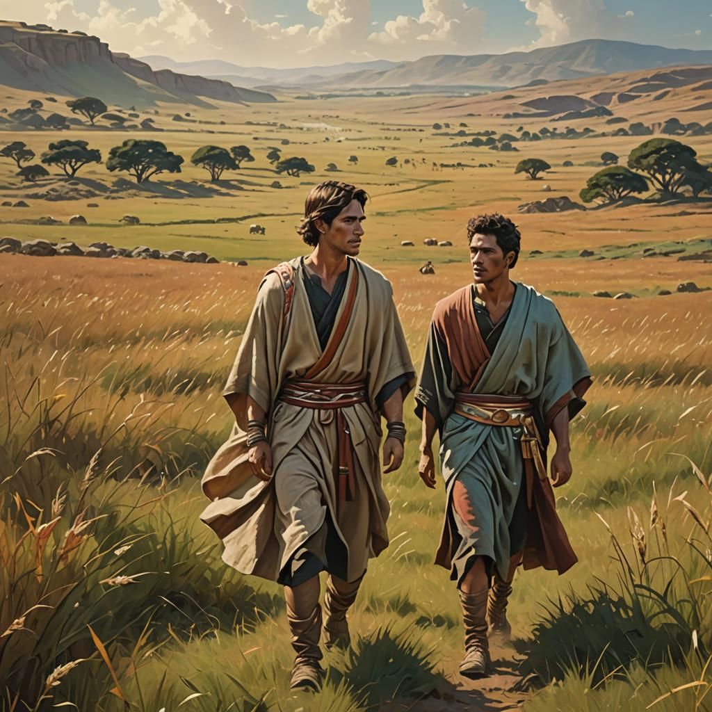 Two Young Men Walking Through a Field