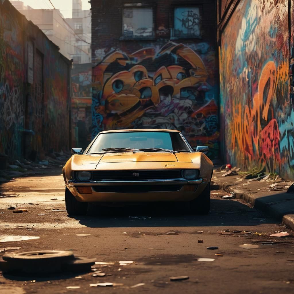 Sports Car in Slum: Cinematic Film Still