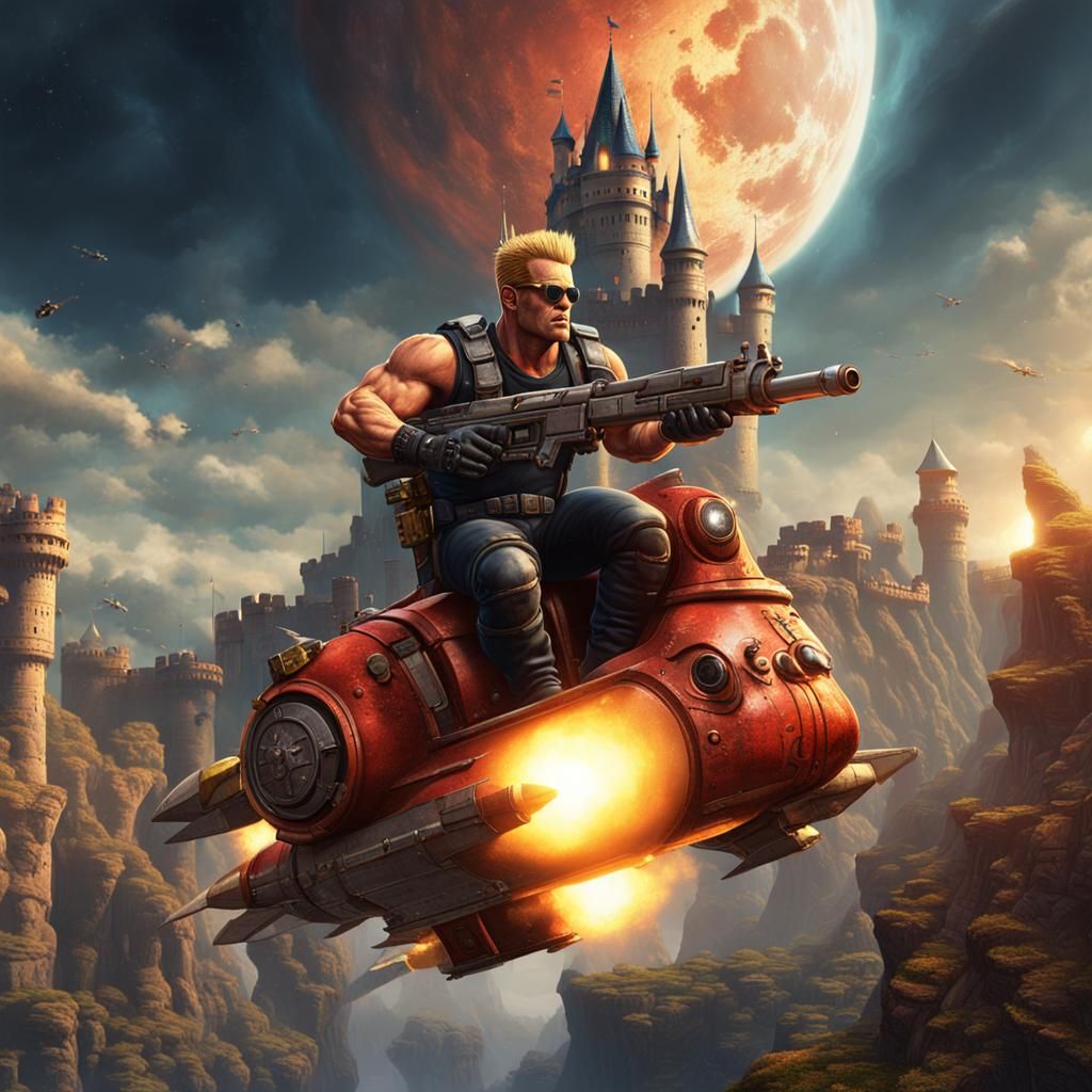 Duke Nukem on Rocket at Castle: Detailed Matte Painting