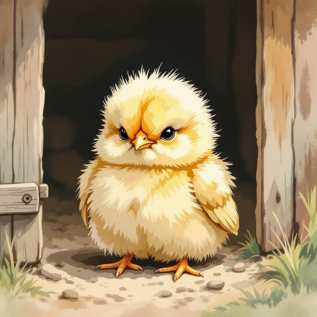 Grumpy Chick in Rustic Farm Setting as Watercolor