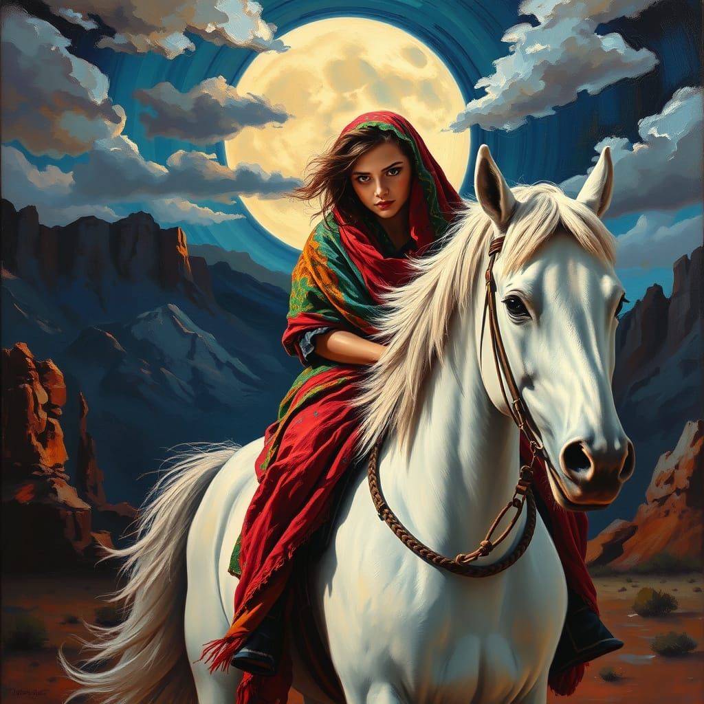 A beautiful gypsy girl riding horse at the rock mountain desert
