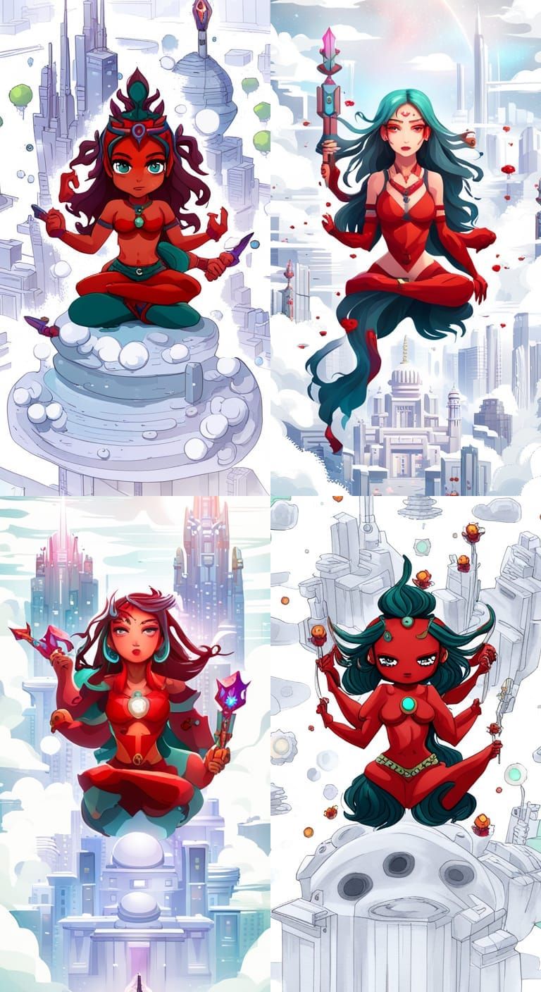 Gigantic Chibi Hindu Goddess Over Futuristic City