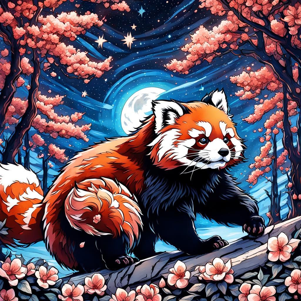 Gothic Red Panda Under Starry Night in Gouache