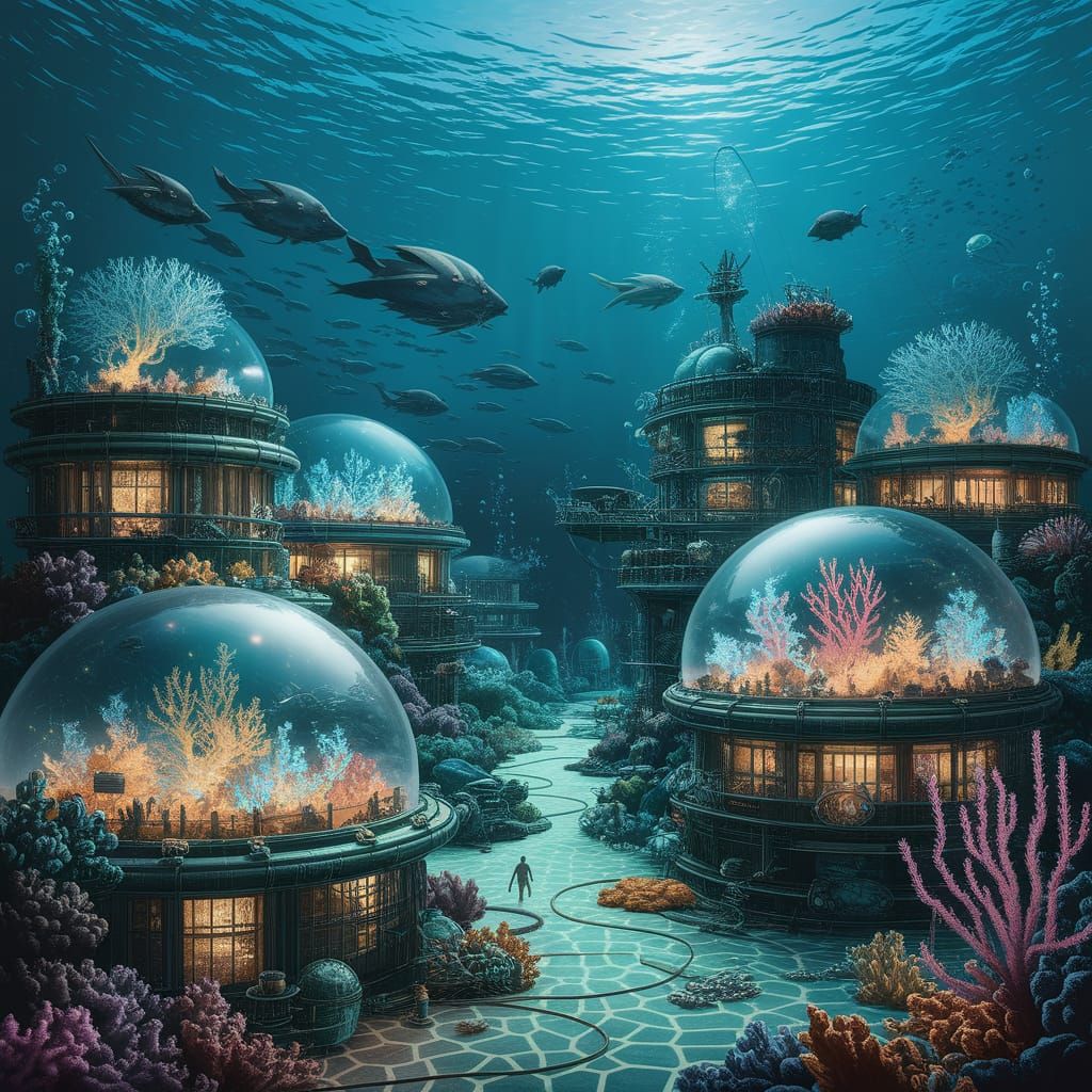 Solarpunk Underwater Metropolis with Bioluminescent Coral Re...