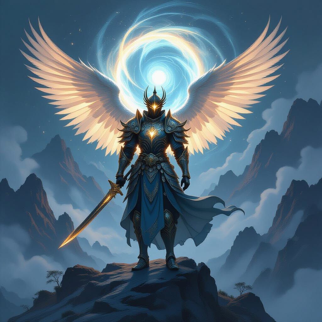 Mystical Asian Knight with Angelic Wings on Mountain Peak