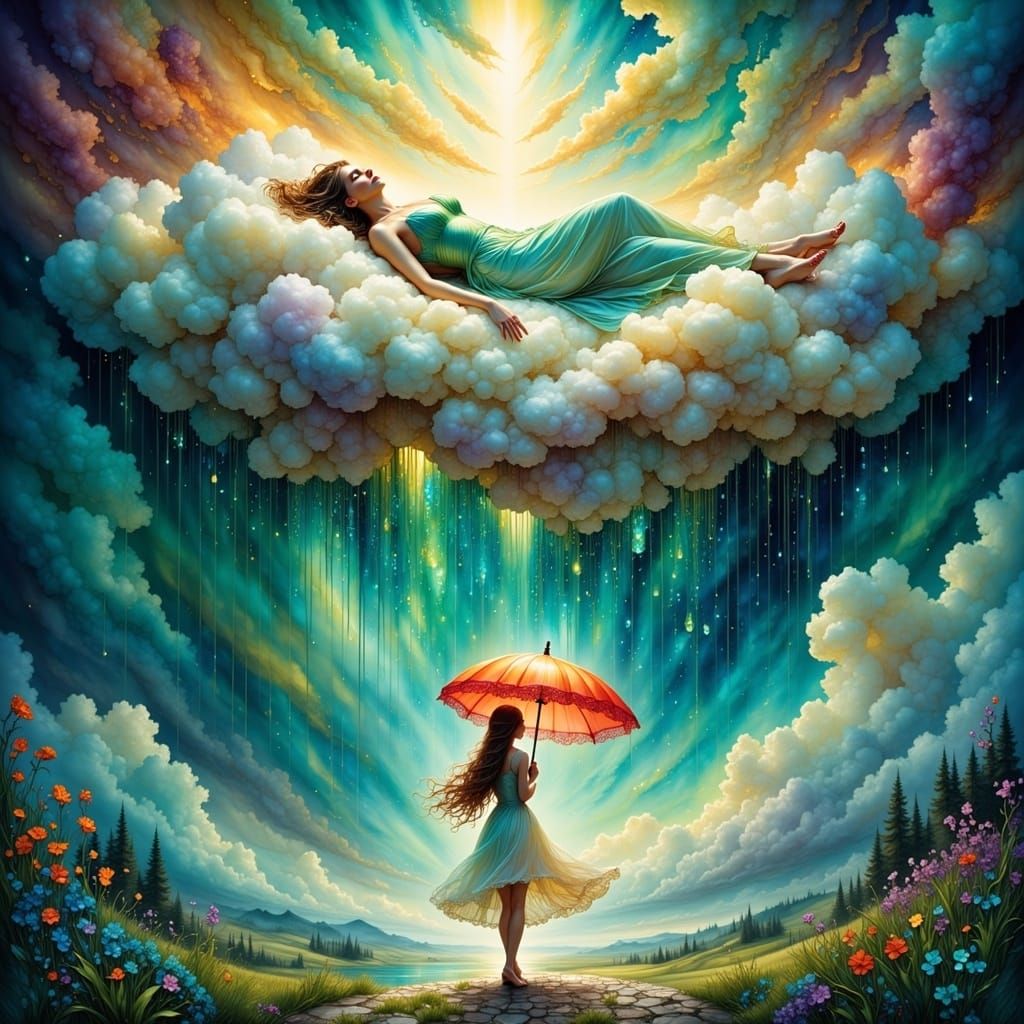 Sorrowful Woman Cries Rain in Dreamlike Fantasy Scene