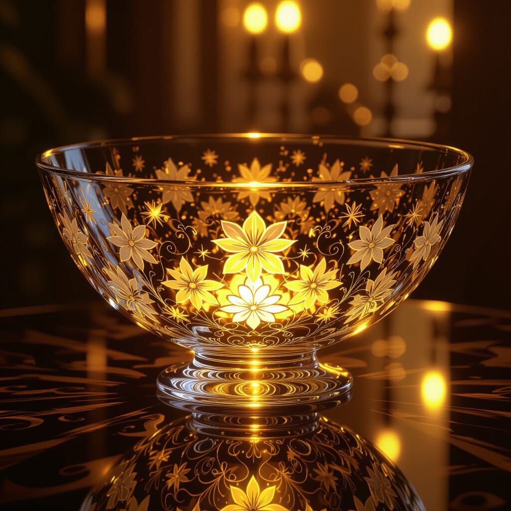 Magnificent Glass Salad Bowl with Swirls, Flowers, and Stars