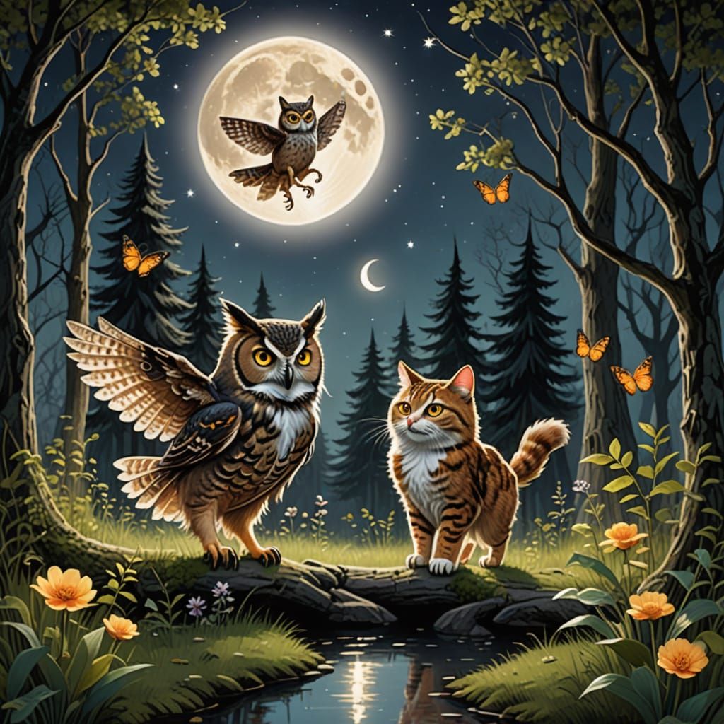 Enchanted Dance: Owl and Cat in Fairy Woods
