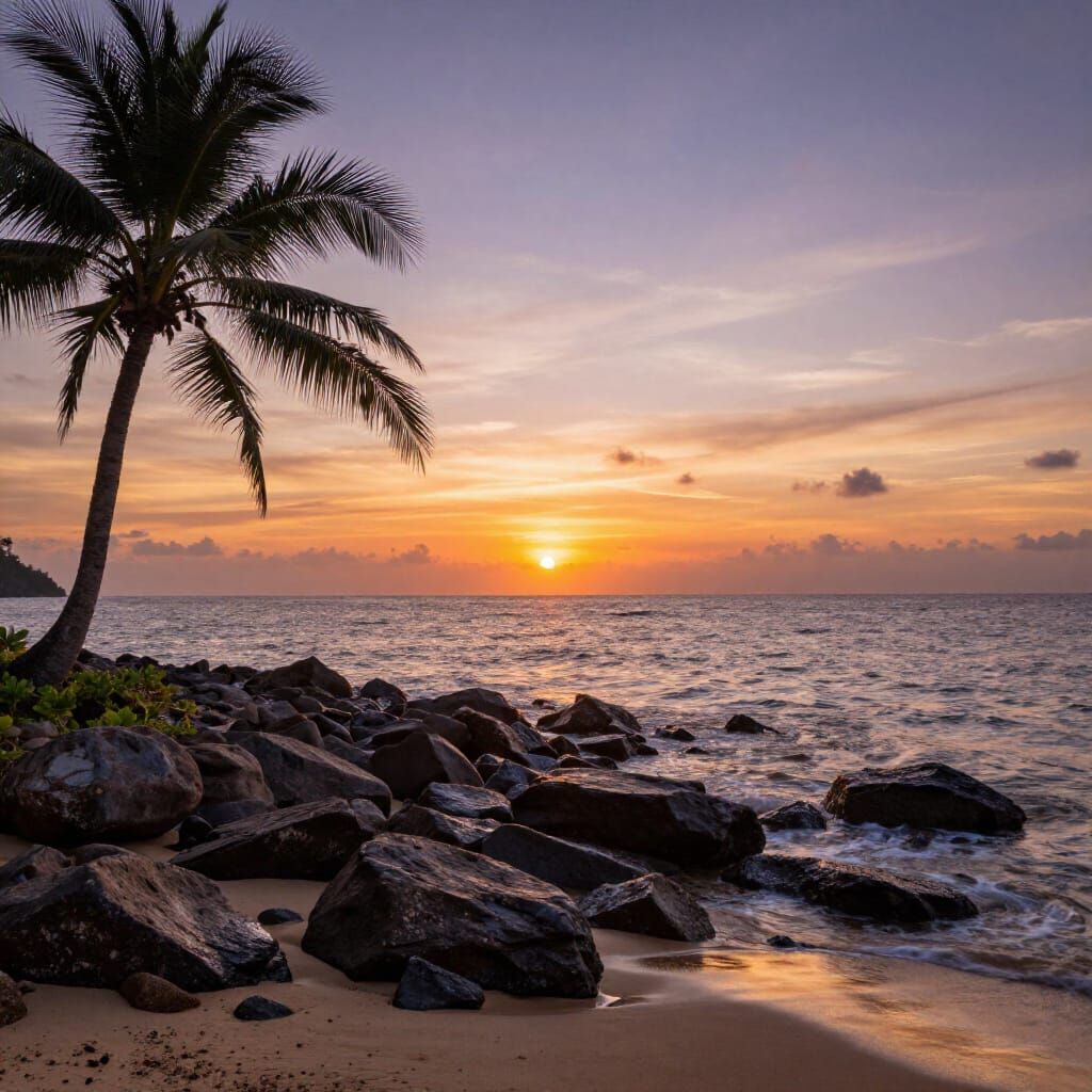 Vibrant Sunset Over Ocean with Beach Rocks and Palms