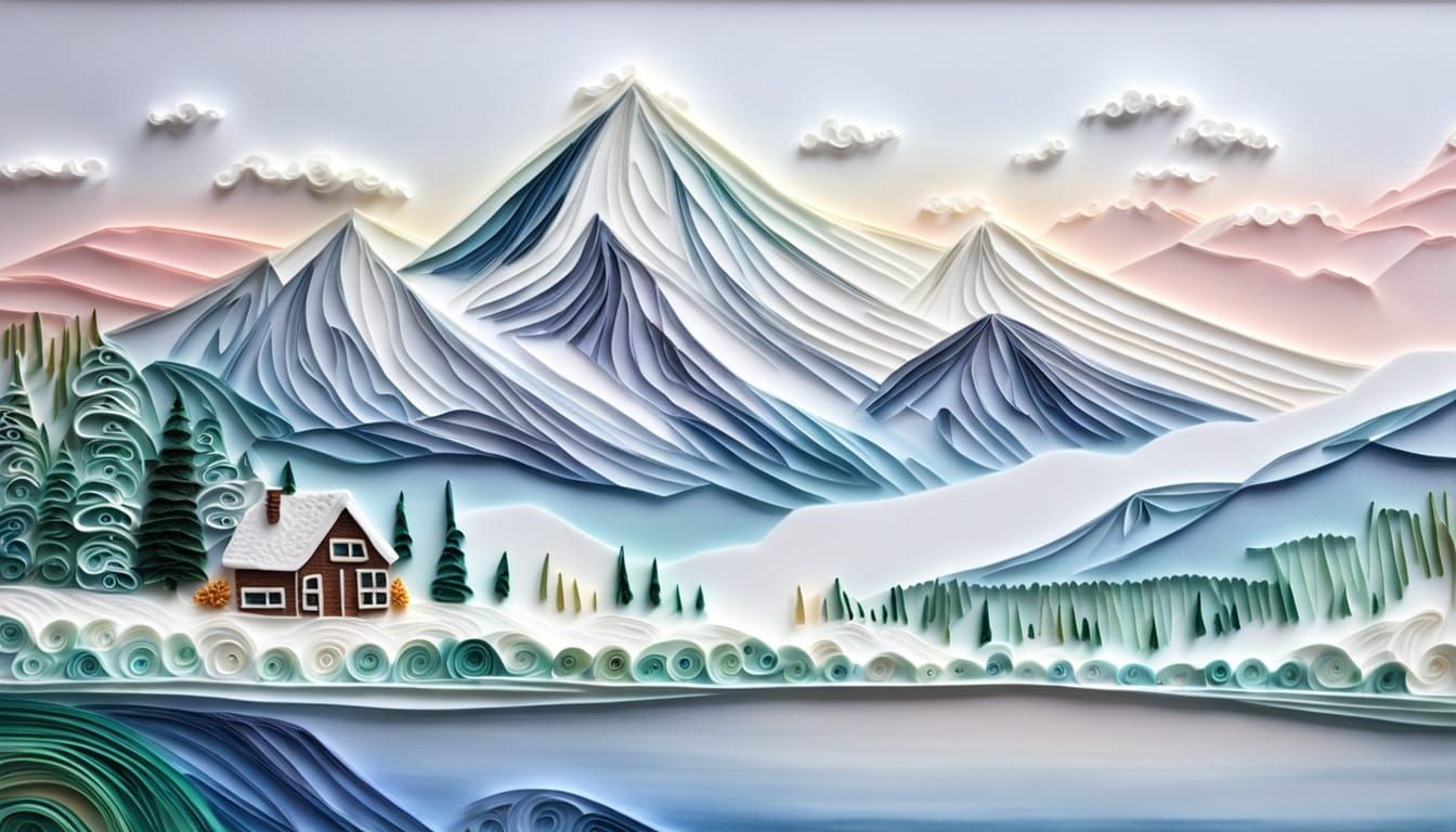 Ethereal Quilled Mountain Scene at Dawn