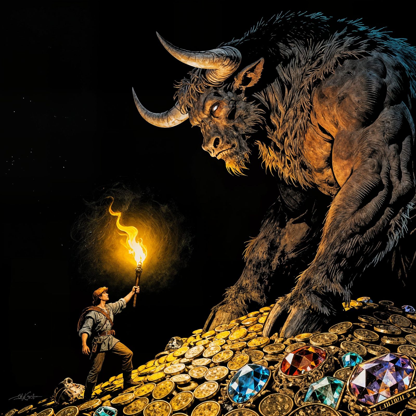 Minotaur Guarding Treasure in Dark Fantasy Style