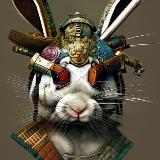 Samurai Rabbit in Salvaged Armor: Hyperdetailed Digital Art