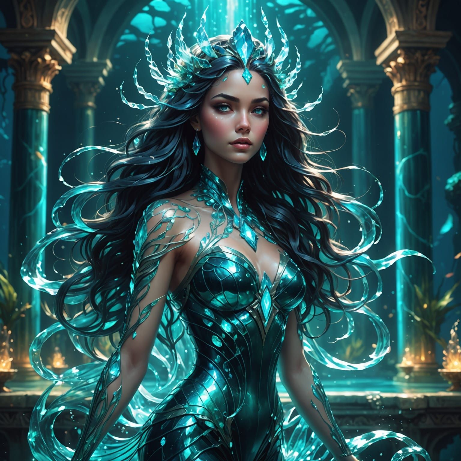 Turquoise Water Goddess in Bioluminescent Underwater Palace