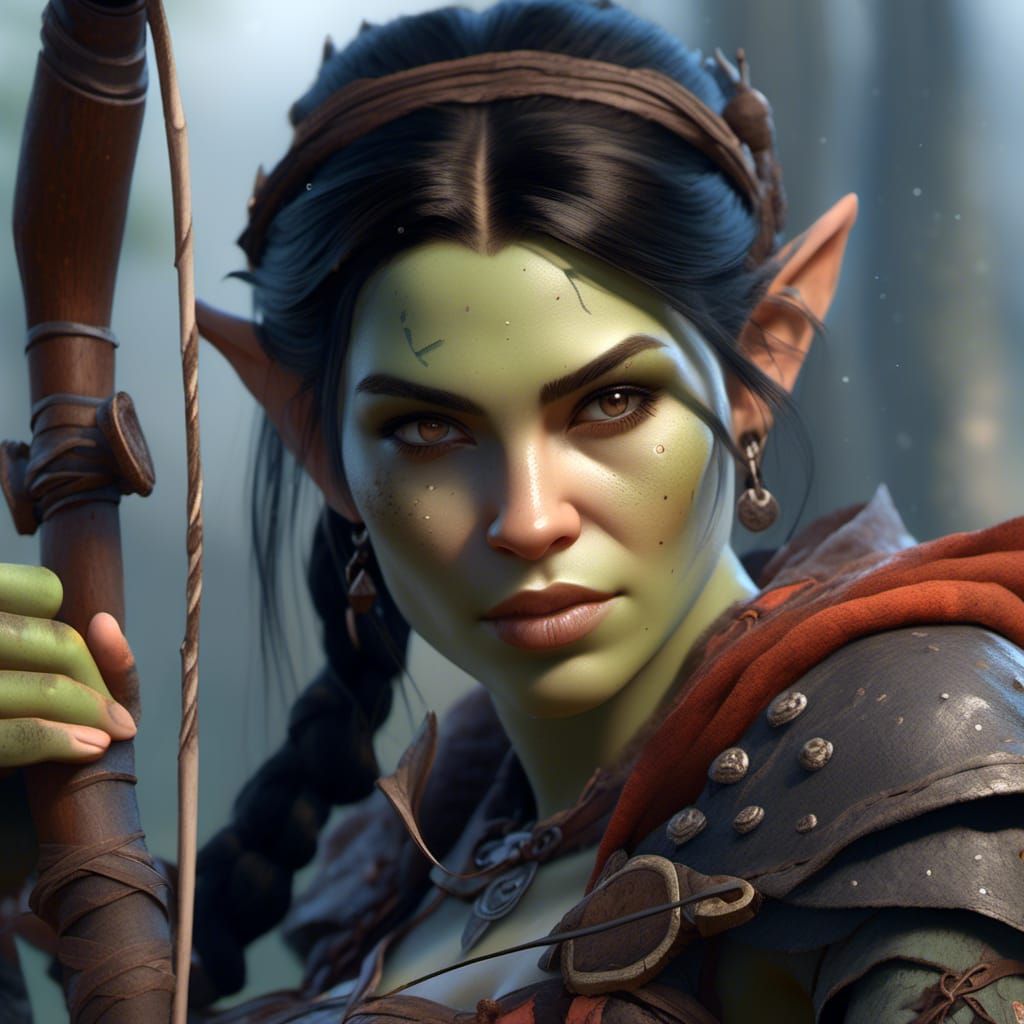 Orcish Half-Human Archer in Detailed Matte Painting