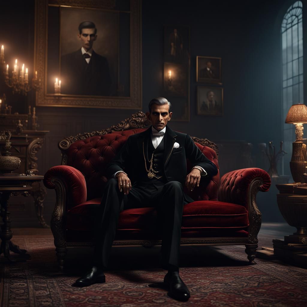 Hyper Realistic Quaid E Azam Sitting on a Velvet Sofa Wearing Black Sherwani Smoking Cigar in a foggy Dark Room