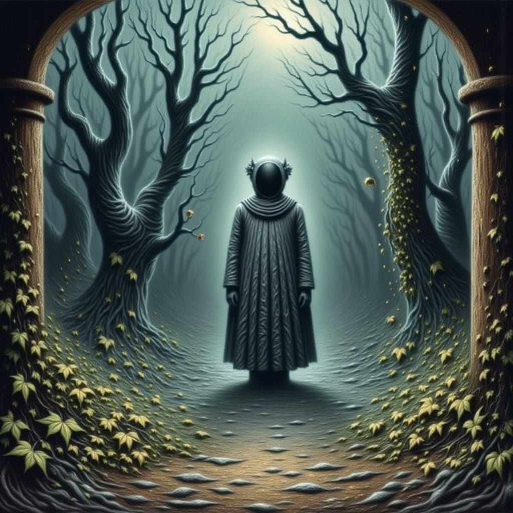 Macabre Surrealist Charcoal Drawing of Desolate Figure