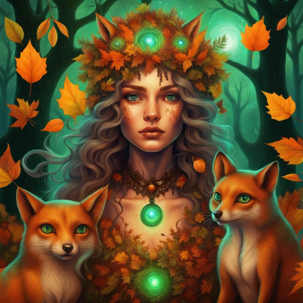 Earth Witch in Autumn Forest, Holographic Illustration