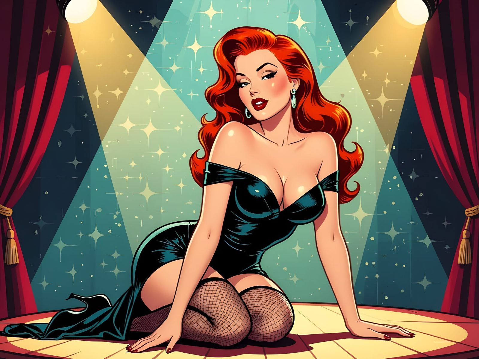 Pin-Up Redhead Woman on Vintage Stage, Comic Style