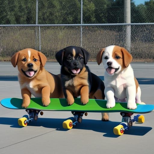 Cute Puppy Dogs Riding Skateboards in Action