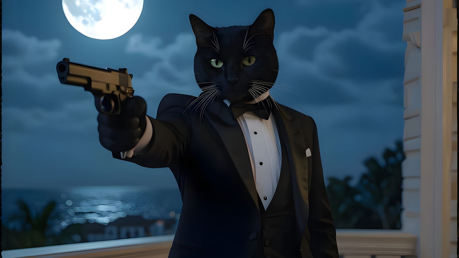 Cat in Tuxedo Holds Pistol on Balcony
