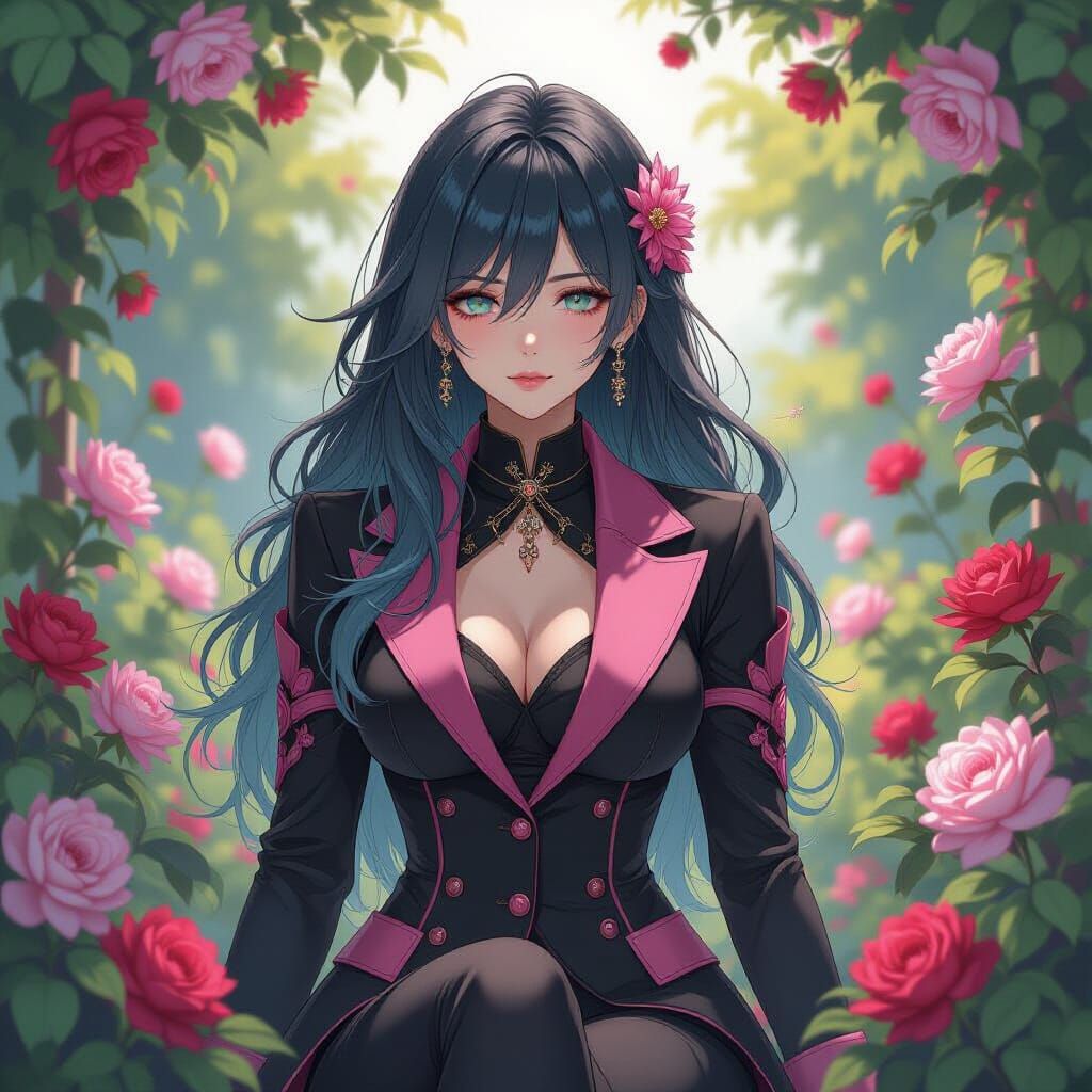Woman in Pink Suit in Flower Garden, Anime Style