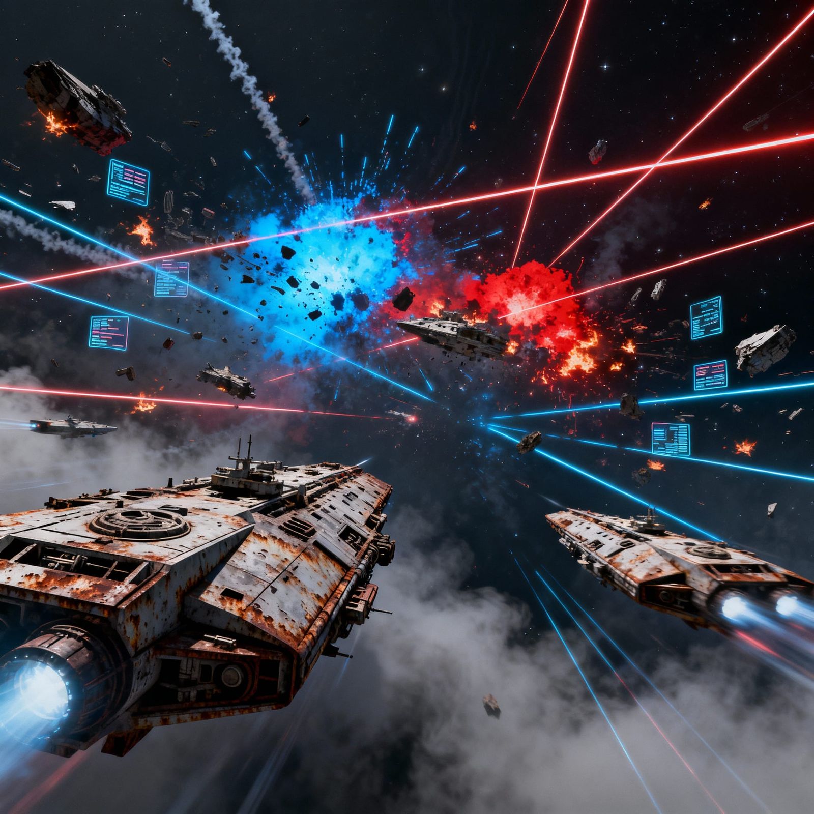 Epic Space Battle with Laser Blasts and Burning Wreckage