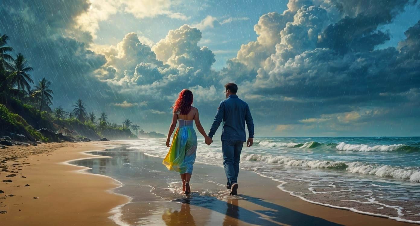 Couple Running on Beach in Summer Rain