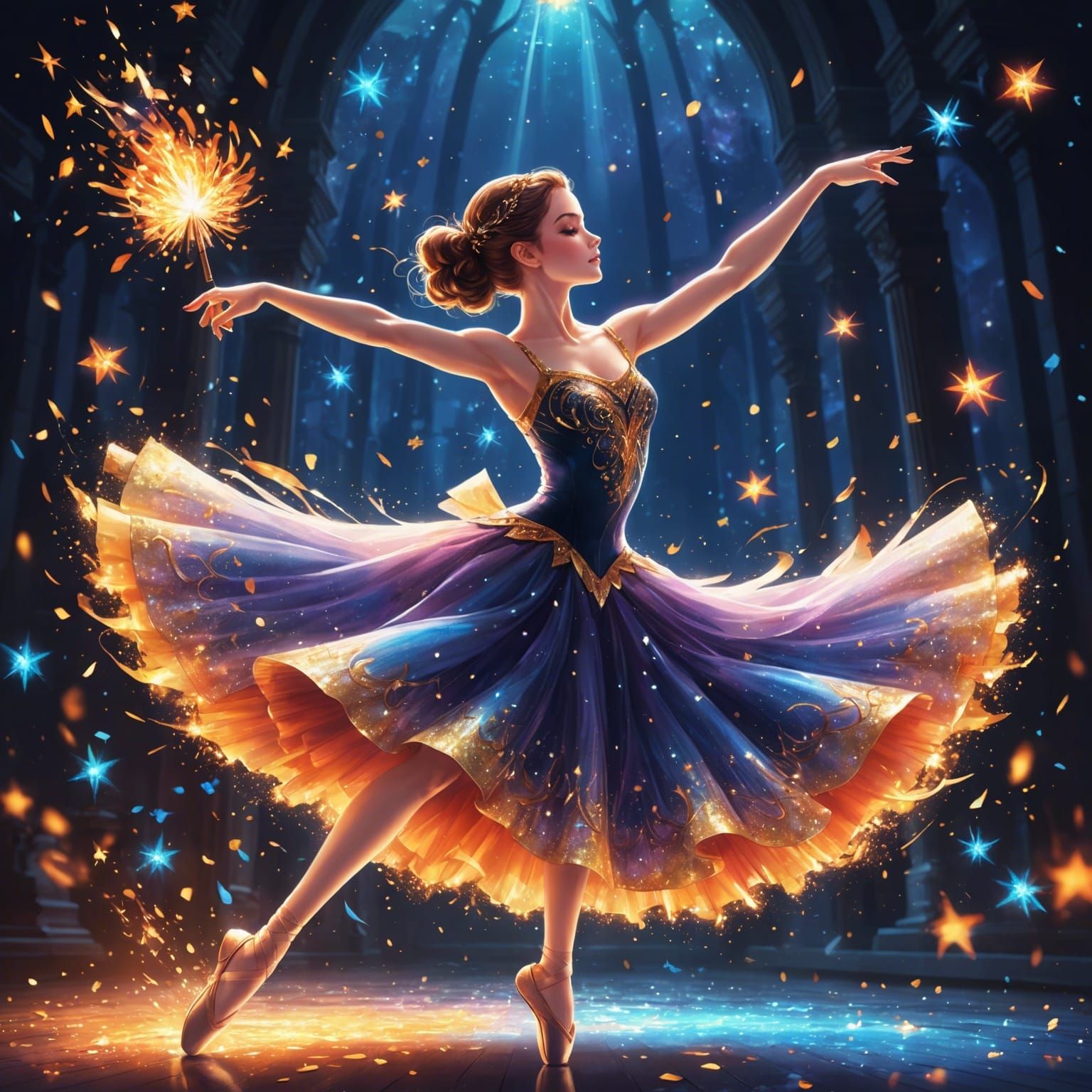 Fantasy Ballerina Dancing with Fire in Manga Style