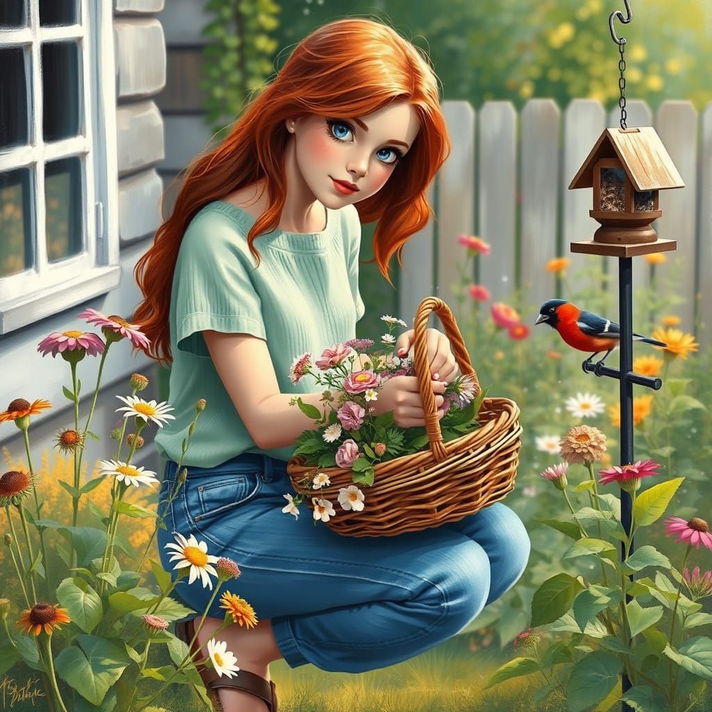 Woman Gathering Flowers in Impressionist Garden