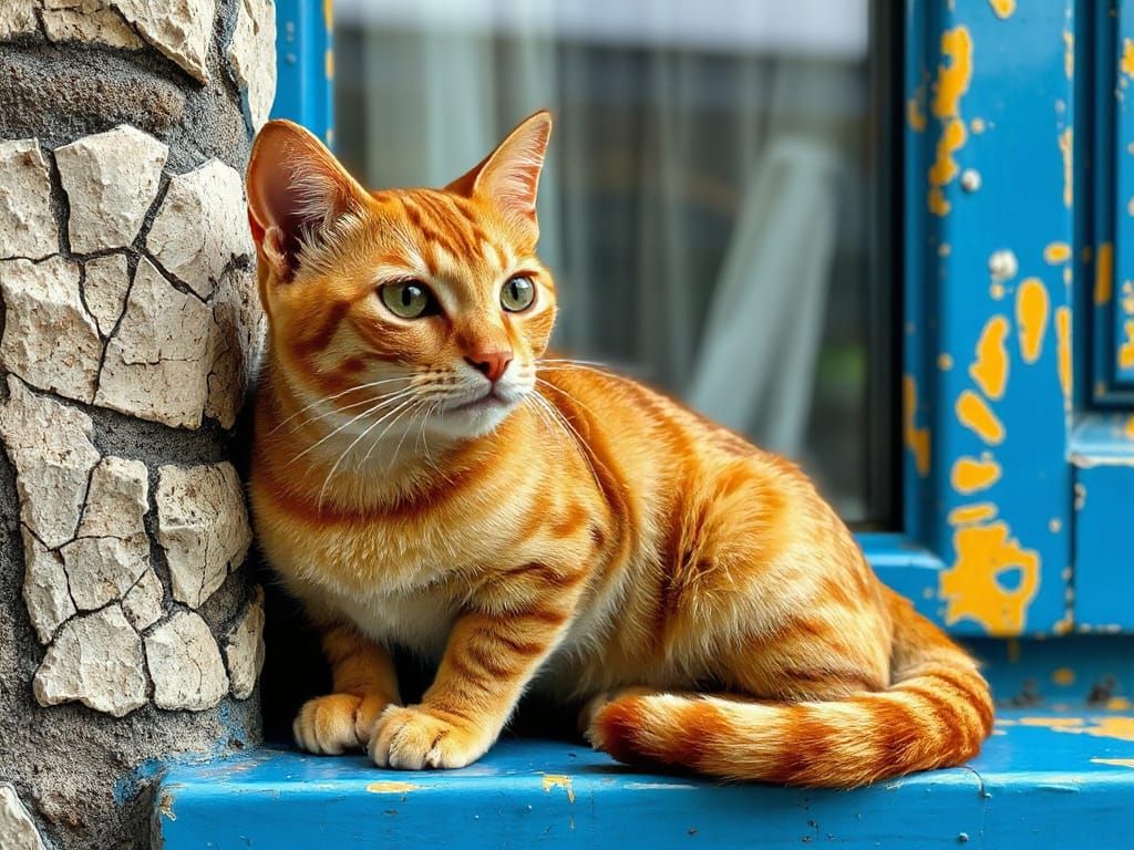 Vivid Cubist Ginger Cat on Blue Window Sill