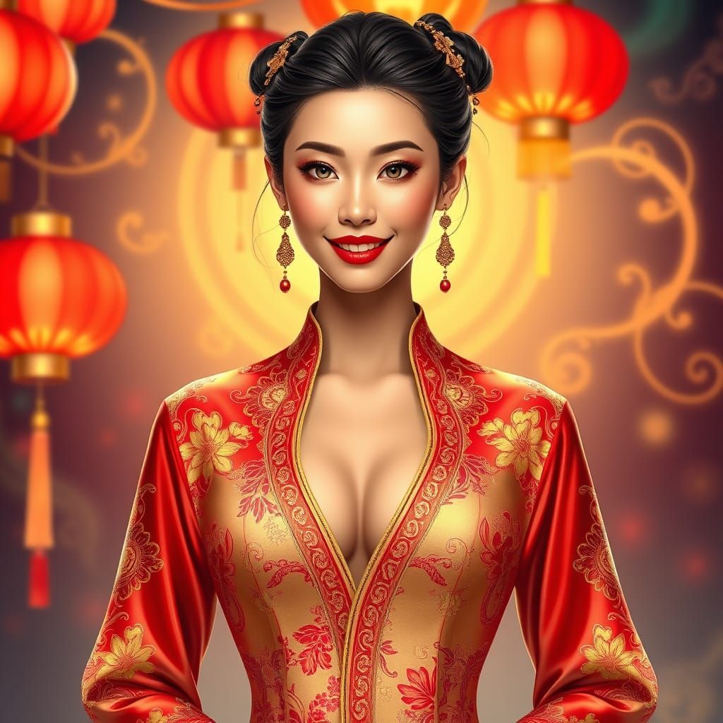 Elegant Vietnamese Woman in Traditional Brocade Gown