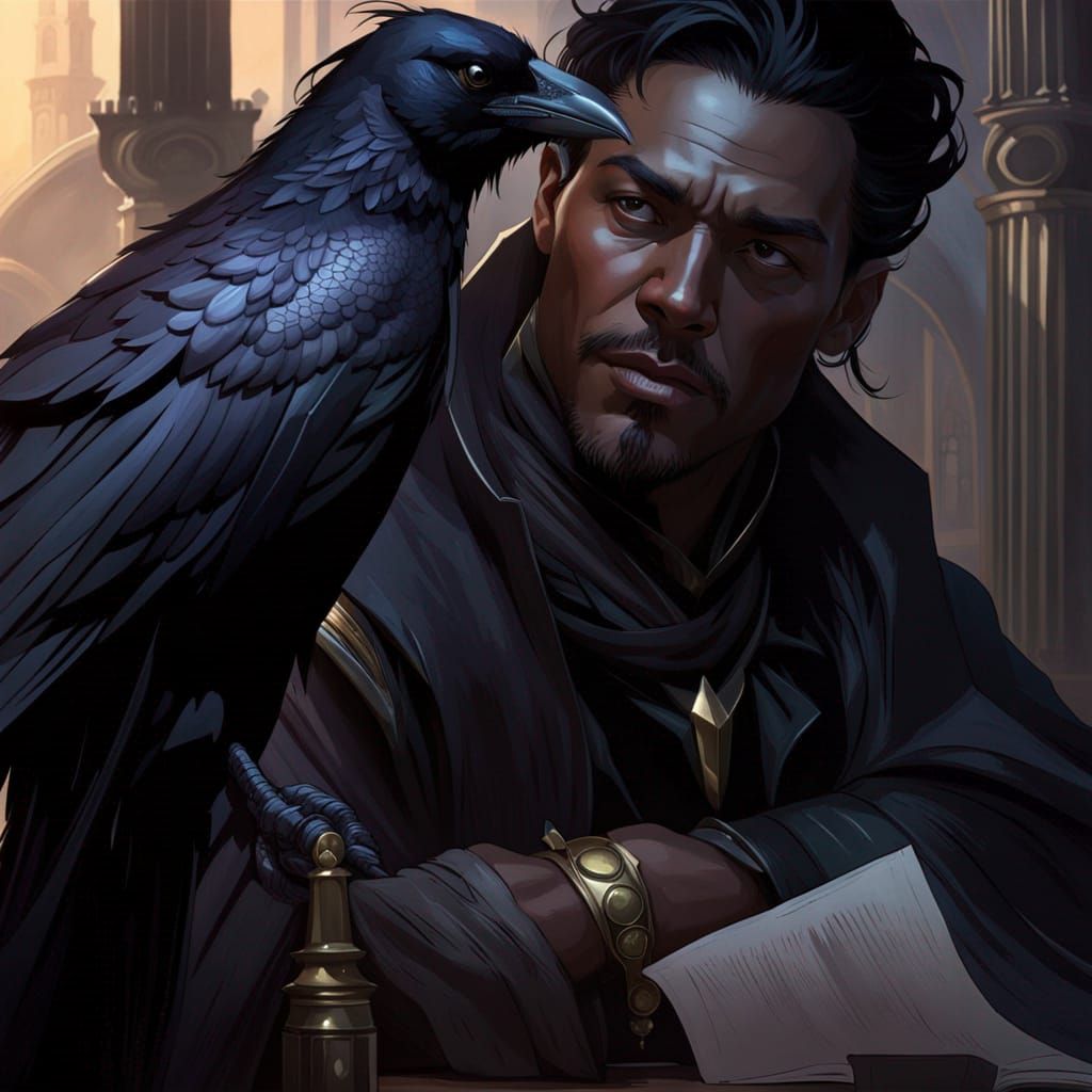 Raven and Poet Portrait in Expressionist Oil Painting Style