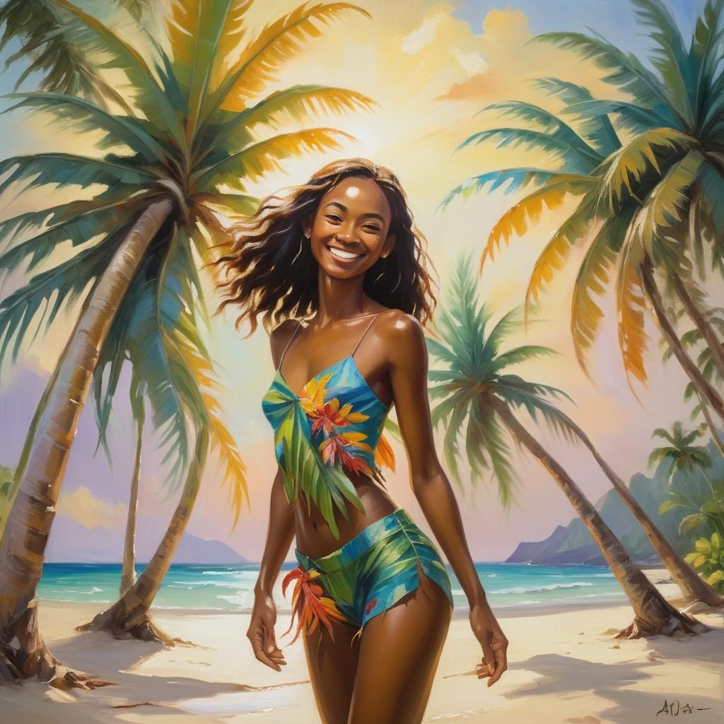 Island Girl in a Tropical Oil Painting